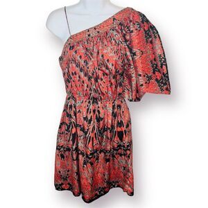 Angie One Shoulder Mini Dress Split Sleeve Feather Print Metal Bead Red Black S
